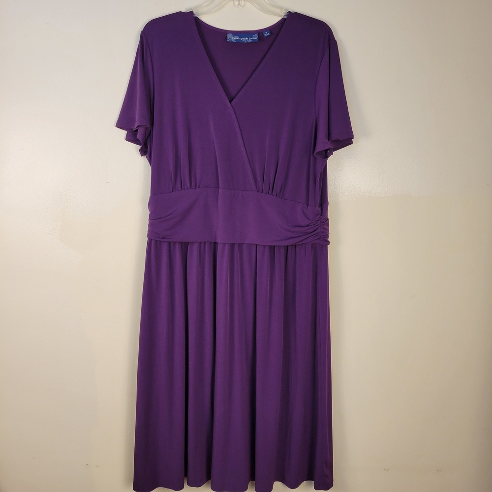 Susan Graver Purple‎ Faux Wrap Midi Dress Womens 1X Short Sleeve V-Neck Empire